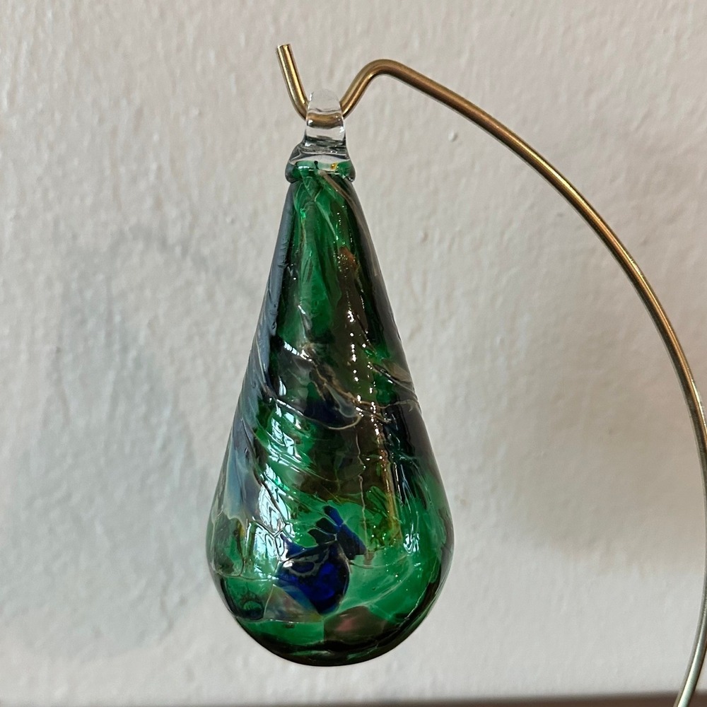 Hand Blown Art Glass Teardrop Ornament Green Blue Swirl Iridescent Sun Catcher